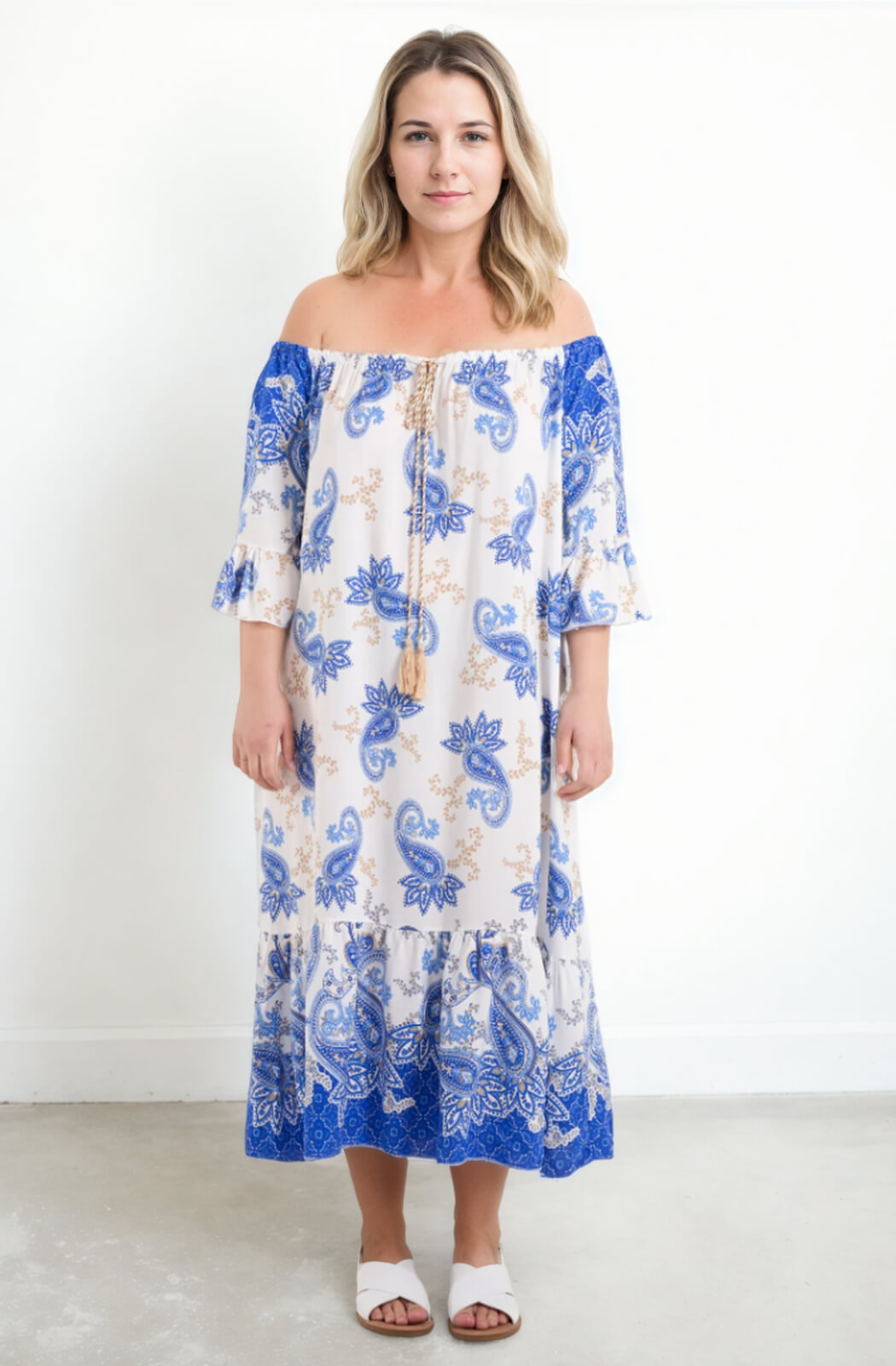 Vestido bardot paisley azul